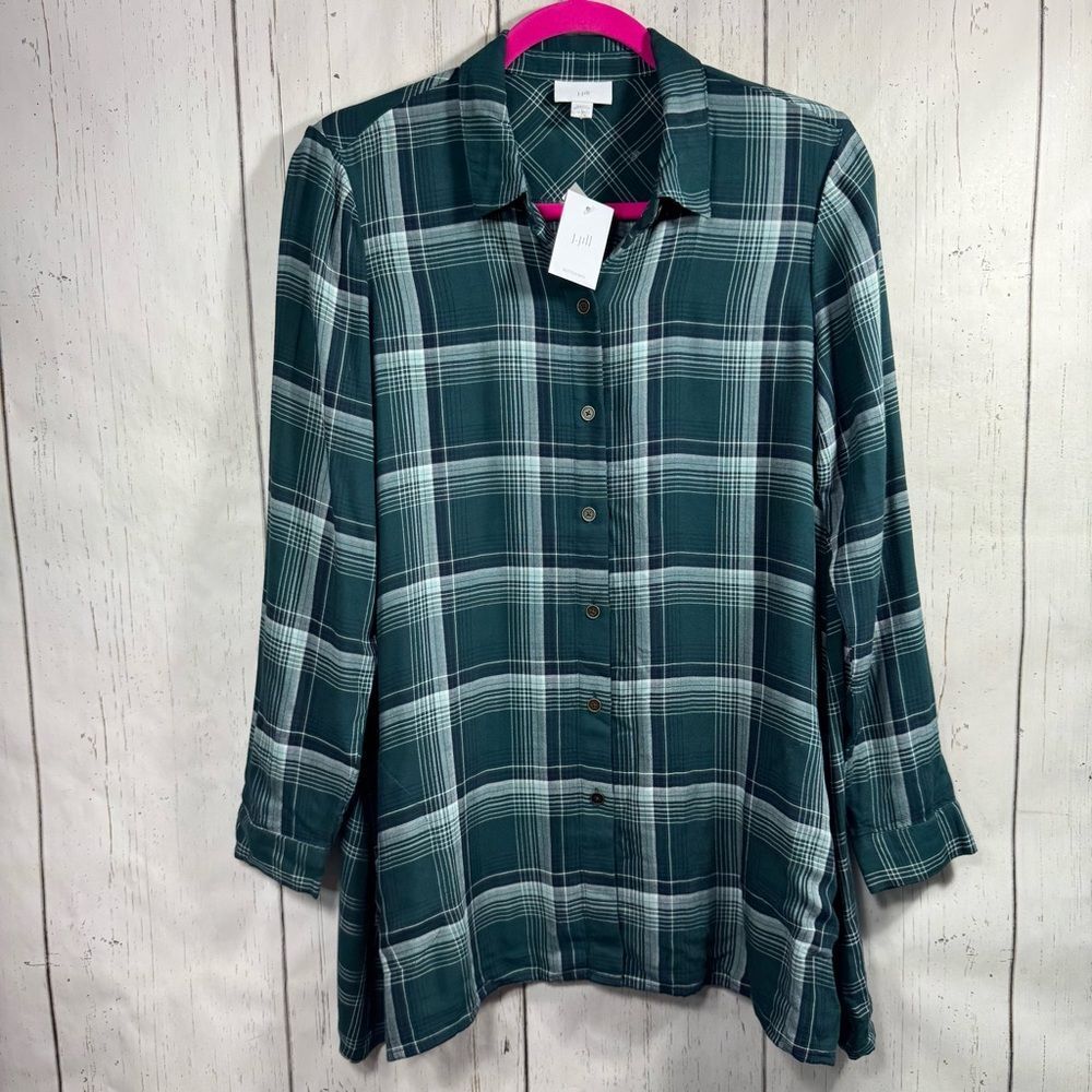 J. Jill Womens Plaid Tunic Green Teal Button Down Shirt Relaxed Fit Pockets Soft